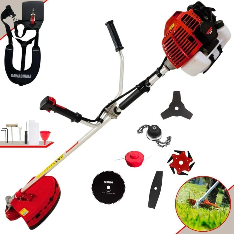 Roçadeira Profissional Lateral Kawashima Kw52l À Gasolina 52c 2,5hp + Faca 2 Pontas 330mm + Faca 80 Dentes 255mm + Trim