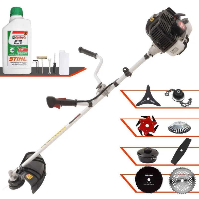 Roçadeira Kawashima Kw52le 52c 2,5hp 2t + Faca 2 Pontas + Faca 40 Dentes + Faca 80 Dentes + Faca 6 Pontas + Escova 38 Cerdas