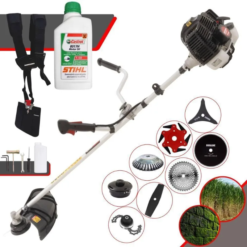 Roçadeira Kawashima Kw52le 52c 2,5hp 2t + Faca 2 Pontas + Faca 40 Dentes + Faca 80 Dentes + Faca 6 Pontas + Escova 38 Cerdas