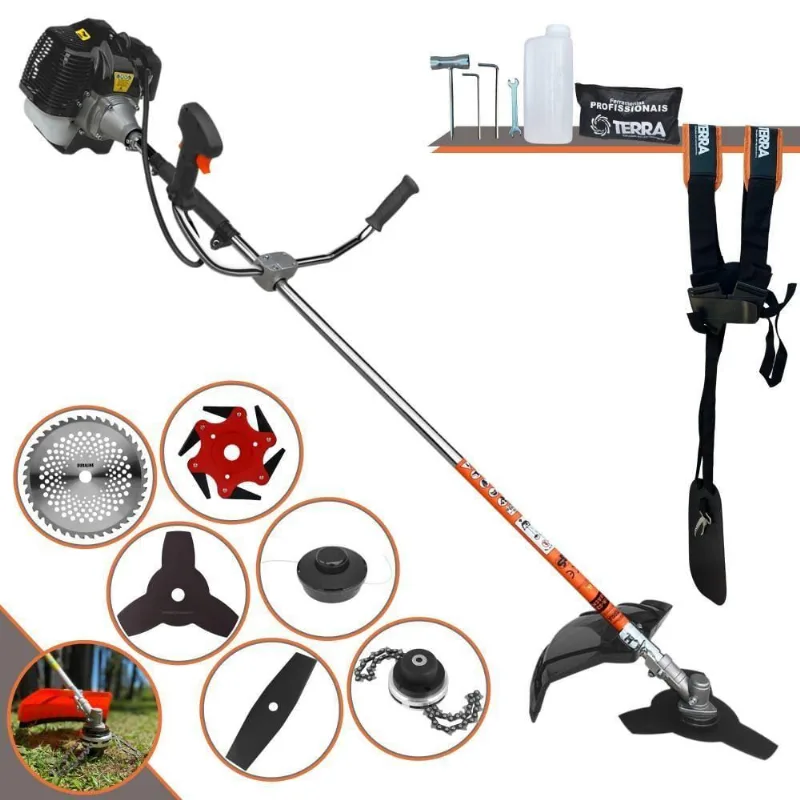 Roçadeira Profissional Lateral Terra Grh430 À Gasolina 43cc 2t 1,7hp + Faca 2 Pontas 330mm + Faca 40 Dentes 255mm + Tri