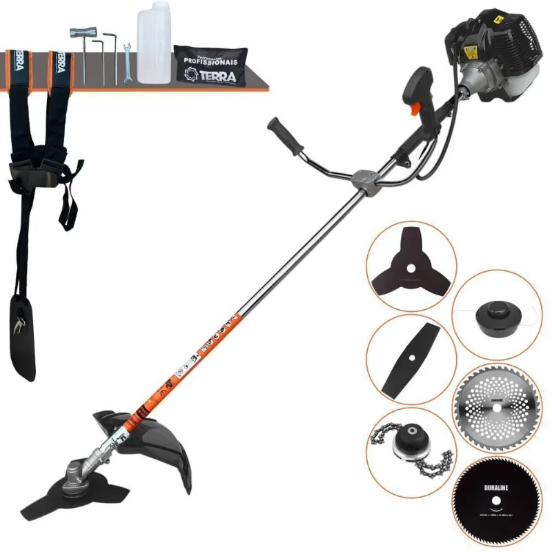 Roçadeira Profissional Terra Grh430 À Gasolina 43cc 1,7hp + Faca 2 Pontas 330mm 2,7mm + Faca 40 Dentes 255mm 2mm + Faca