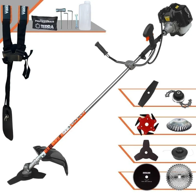 Roçadeira Profissional Terra Grh430 À Gasolina 43cc 1,7hp + Faca 2 Pontas + Faca 40 Dentes + Faca 80 Dentes + Faca 6 Po