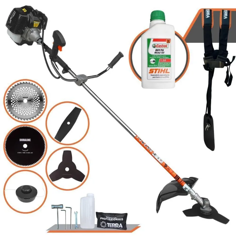 Roçadeira Profissional Terra Grh430 À Gasolina 43cc 1,7hp + Faca 2 Pontas 330mm + Faca 40 Dentes 255mm + Faca 80 Dentes