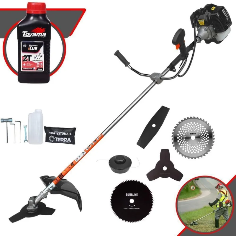 Roçadeira Profissional Terra Grh430 À Gasolina 43cc 1,7hp + Faca 2 Pontas 330mm + Faca 40 Dentes 255mm + Faca 80 Dentes