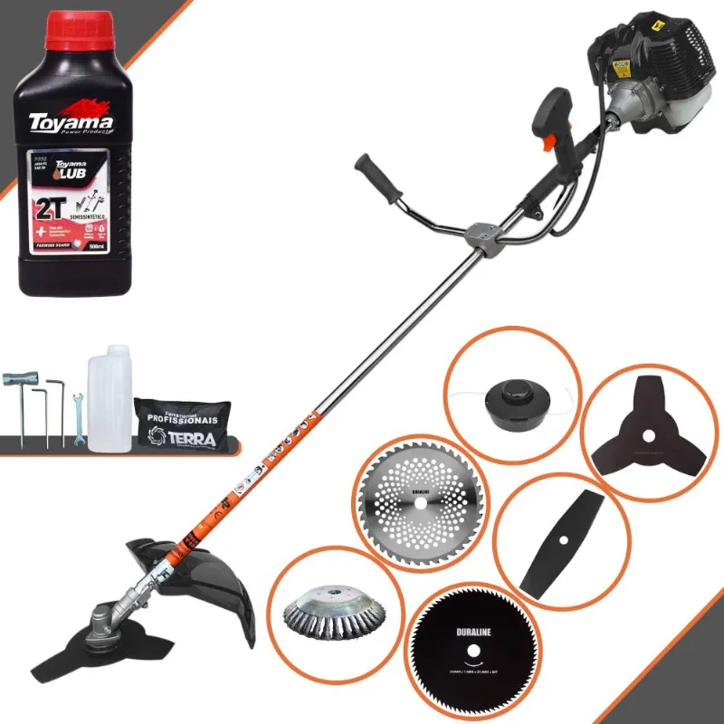 Roçadeira 6 Em 1 Terra Grh430 43cc Com Carretel Nylon + Faca 2 Pontas + Faca 3 Pontas + Faca 40 Dentes + Faca 80 Dentes + Escova De Aço + Óleo Toyama
