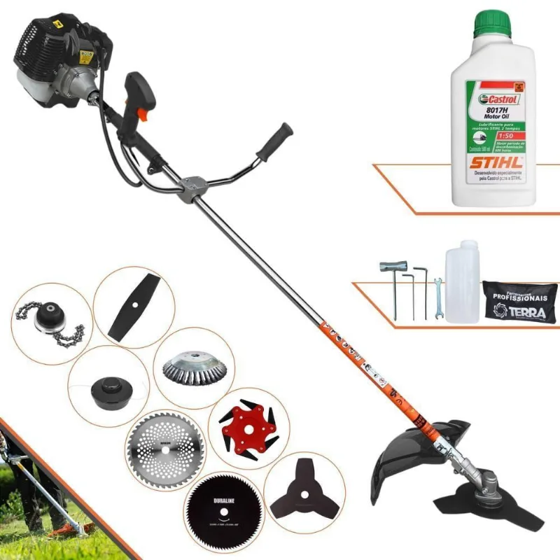 Roçadeira Terra Grh430 À Gasolina 43cc 1,7hp + Faca 2 Pontas + Faca 40 Dentes + Faca 80 Dentes + Faca 6 Pontas
