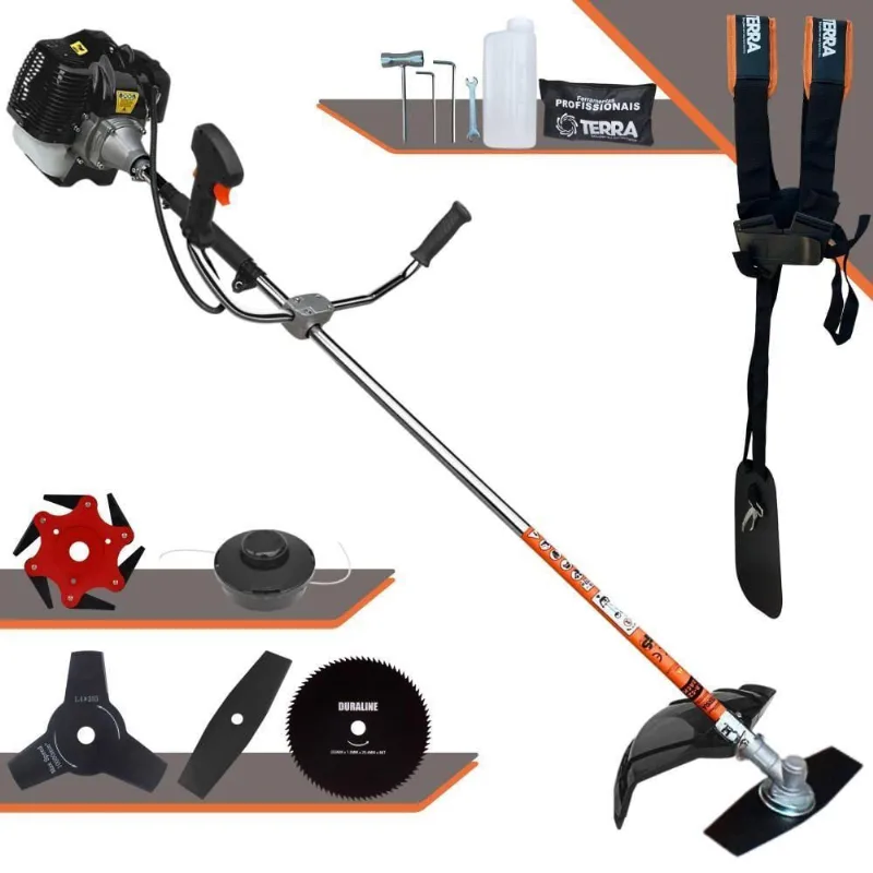 Roçadeira Profissional Lateral Terra Grh520 À Gasolina 52cc 2t 2,5hp + Faca 3 Pontas 255mm 2,9mm + Faca 80 Dentes 255mm