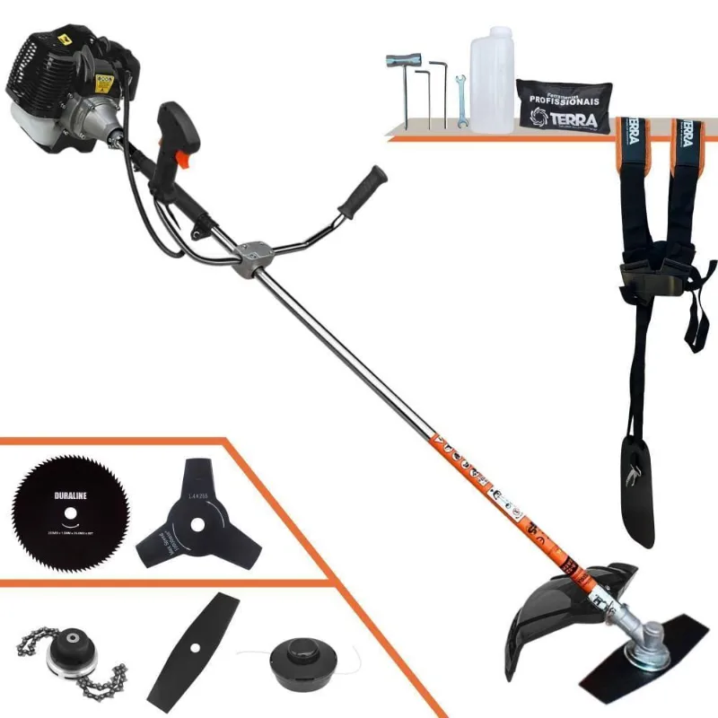 Roçadeira Profissional Lateral Terra Grh520 À Gasolina 52cc 2t 2,5hp + Faca 3 Pontas Duraline 255mm + Faca 80 Dentes Du