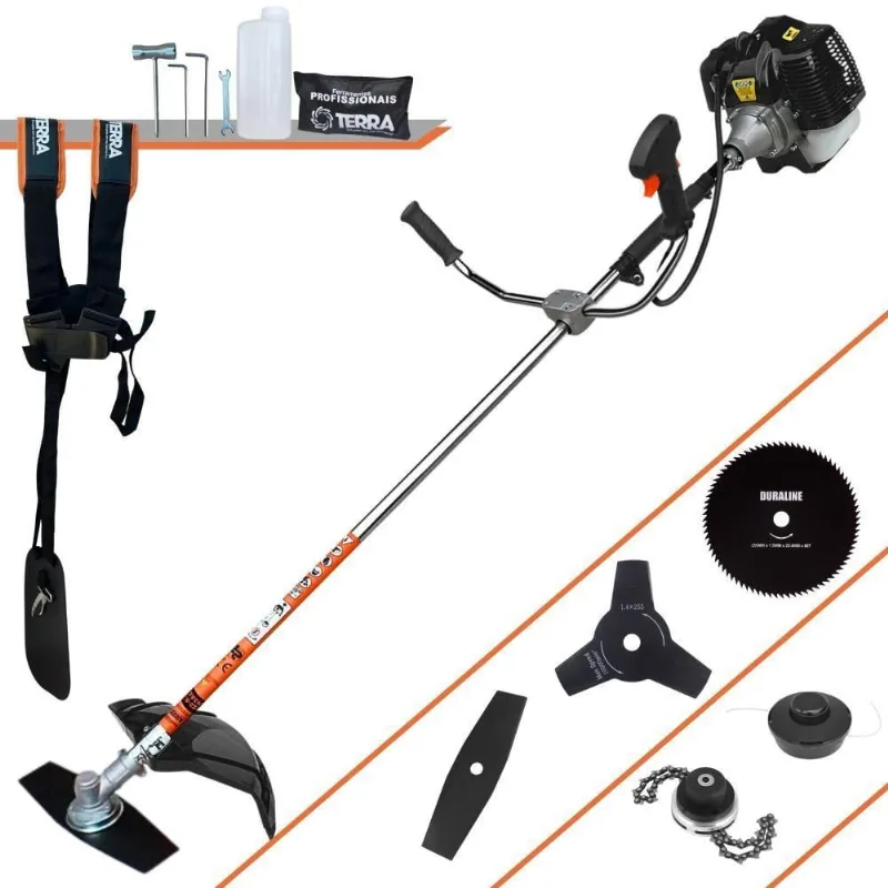 Roçadeira Profissional Lateral Terra Grh520 À Gasolina 52cc 2t 2,5hp + Faca 3 Pontas Duraline 255mm + Faca 80 Dentes Du
