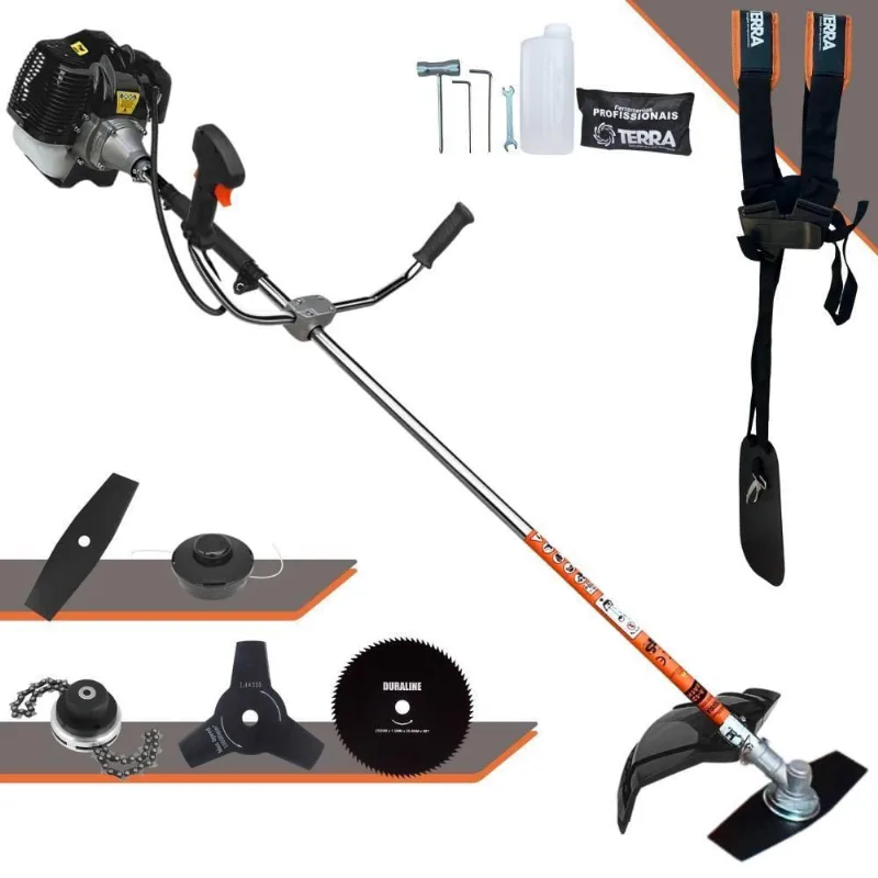 Roçadeira Profissional Lateral Terra Grh520 À Gasolina 52cc 2t 2,5hp + Faca 3 Pontas Duraline 255mm + Faca 80 Dentes Du