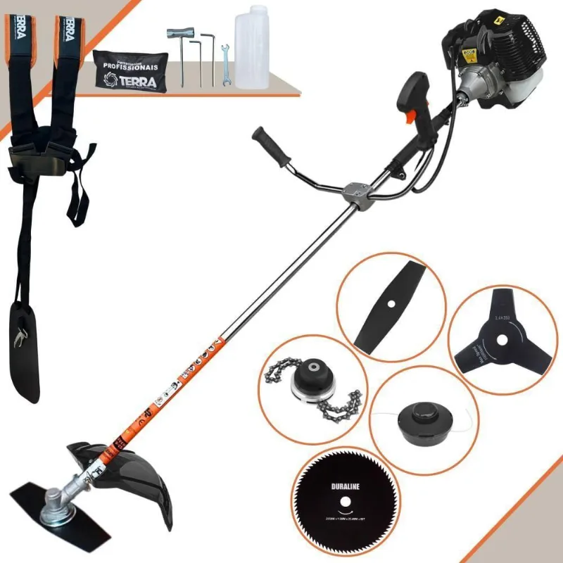 Roçadeira Profissional Lateral Terra Grh520 À Gasolina 52cc 2t 2,5hp + Faca 3 Pontas Duraline 255mm + Faca 80 Dentes Du