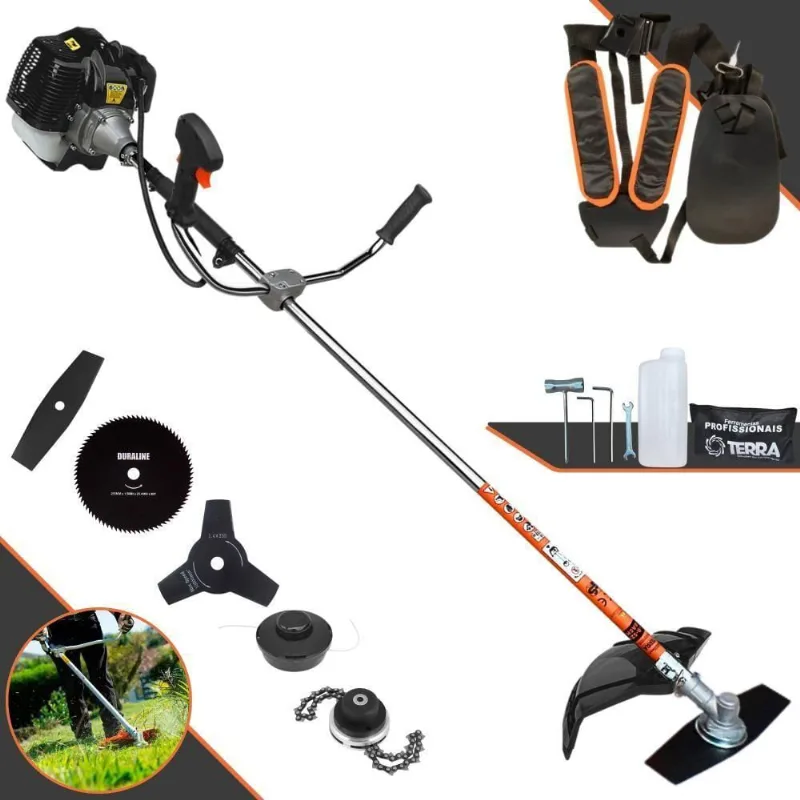 Roçadeira Profissional Lateral Terra Grh520 À Gasolina 52cc 2t 2,5hp + Faca 3 Pontas Duraline 255mm + Faca 80 Dentes Du