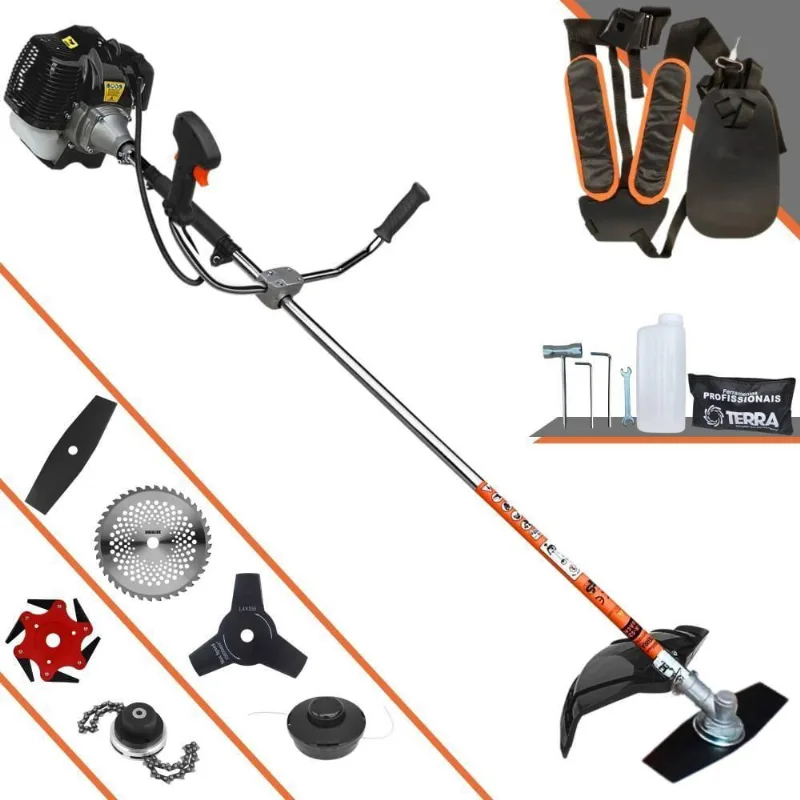 Roçadeira Profissional Lateral Terra Grh520 À Gasolina 52cc 2t 2,5hp + Faca 3 Pontas 255mm + Faca 40 Dentes 255mm + Tri
