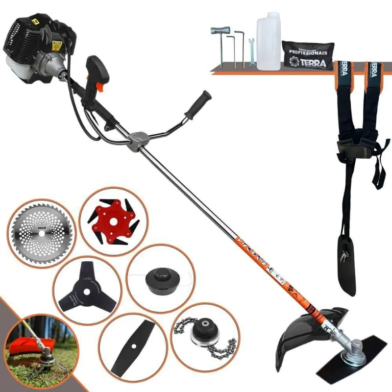 Roçadeira Profissional Lateral Terra Grh520 À Gasolina 52cc 2t 2,5hp + Faca 3 Pontas 255mm + Faca 40 Dentes 255mm + Tri