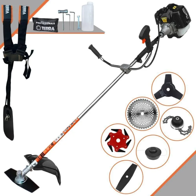 Roçadeira Profissional Lateral Terra Grh520 À Gasolina 52cc 2t 2,5hp + Faca 3 Pontas 255mm + Faca 40 Dentes 255mm + Tri