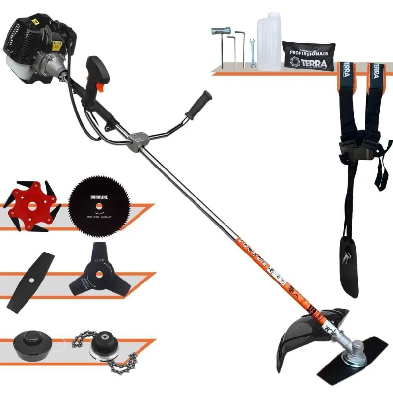 Roçadeira Profissional Lateral Terra Grh520 À Gasolina 52cc 2t 2,5hp + Faca 3 Pontas 255mm + Faca 80 Dentes 255mm + Tri