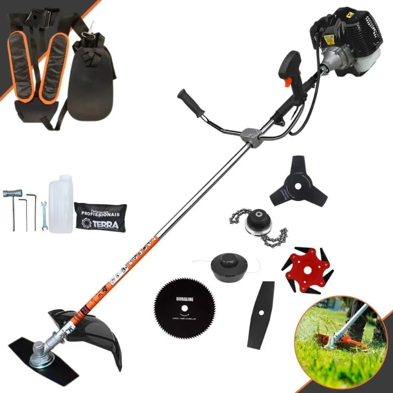 Roçadeira Profissional Lateral Terra Grh520 À Gasolina 52cc 2t 2,5hp + Faca 3 Pontas 255mm + Faca 80 Dentes 255mm + Tri