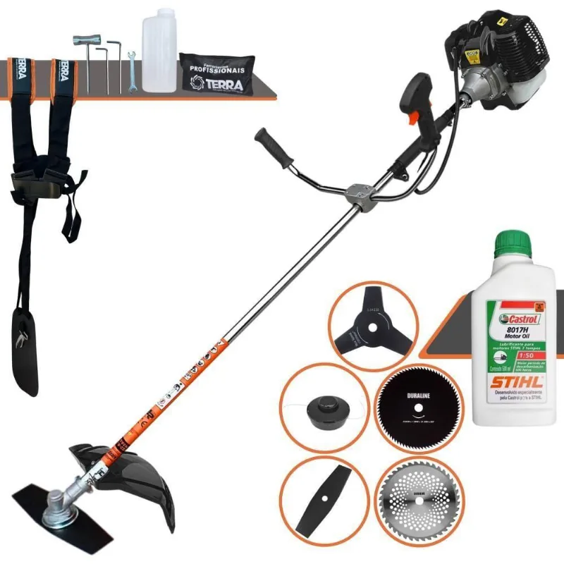 Roçadeira Profissional Terra Grh520 À Gasolina 52cc 2,5hp + Faca 3p 255mm + Faca 40d Duraline 255mm + Faca 80d 255mm +