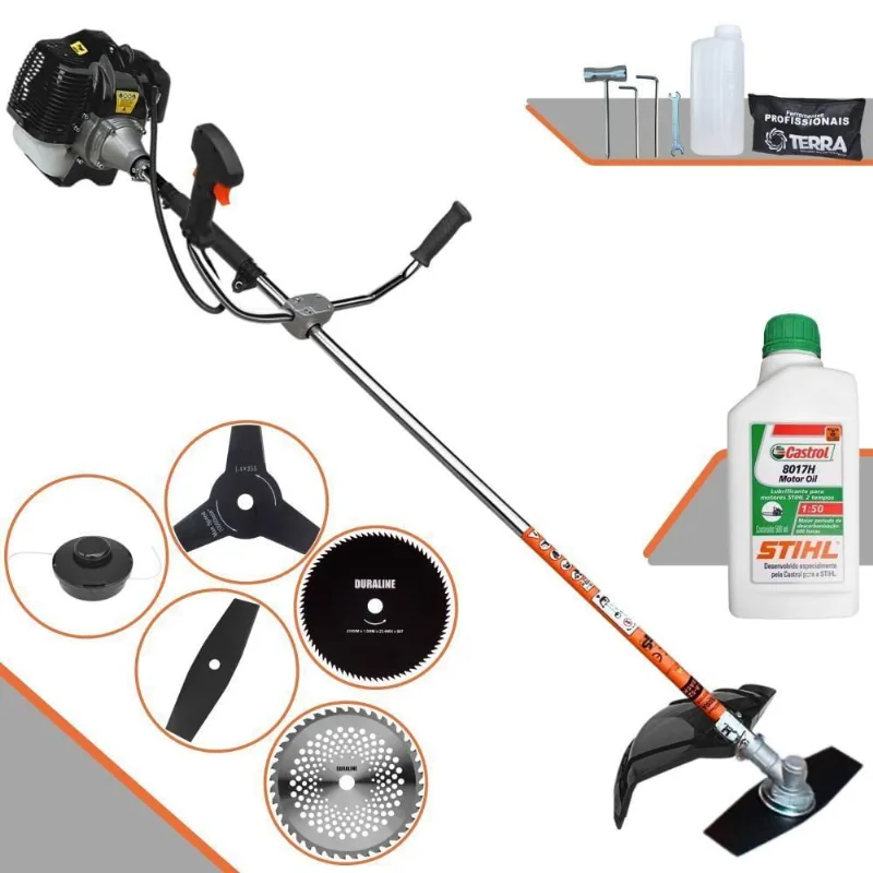 Roçadeira Profissional Terra Grh520 À Gasolina 52cc 2,5hp + Faca 3p 255mm + Faca 40d Duraline 255mm + Faca 80d 255mm +