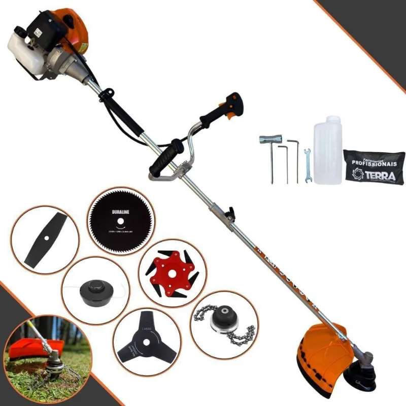 Roçadeira Profissional Lateral Terra Grhb430 À Gasolina 43cc 2t 1,7hp + Faca 3 Pontas 255mm + Faca 80 Dentes 255mm + T