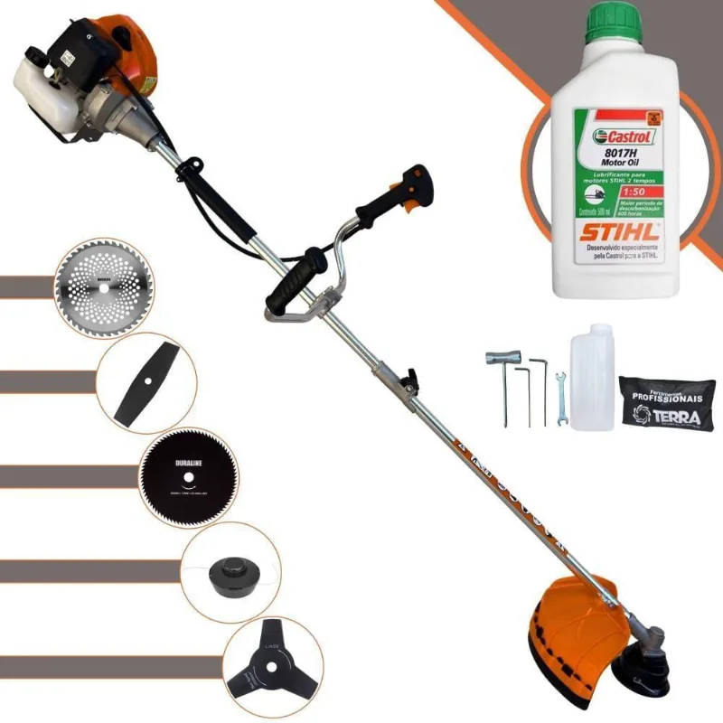 Roçadeira Profissional Terra Grhb430 À Gasolina 43cc 2t 1,7hp + Faca 3 Pontas + Faca 40 Dentes + Faca 80 Dentes + Óleo