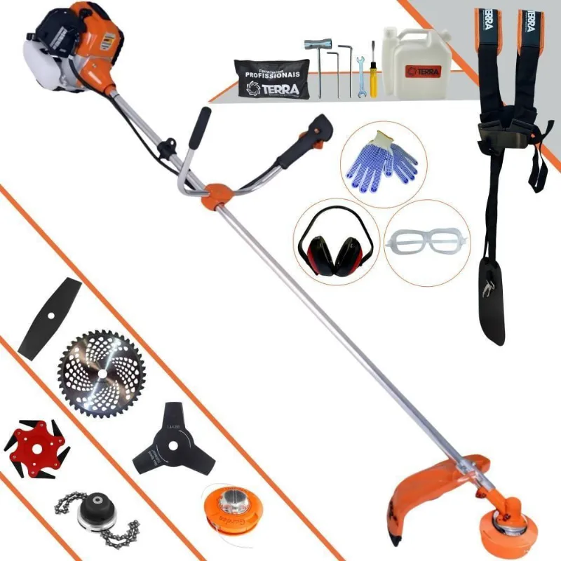 Roçadeira Profissional Lateral Terra Gr520xp À Gasolina 52cc 2t 2,5hp + Faca 2 Pontas 330mm + Faca 3 Pontas 255mm + Fac