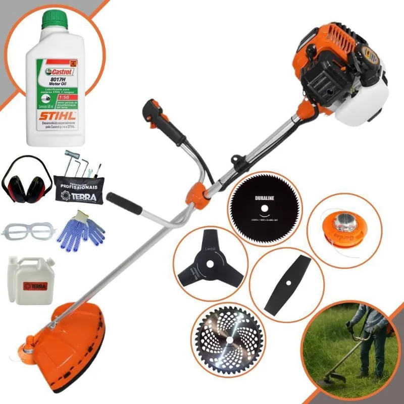 Roçadeira Profissional Lateral Terra Gr520xp À Gasolina 52cc 2t 2,5hp + Faca 2 Pontas 330mm + Faca 3 Pontas 255mm + Fac