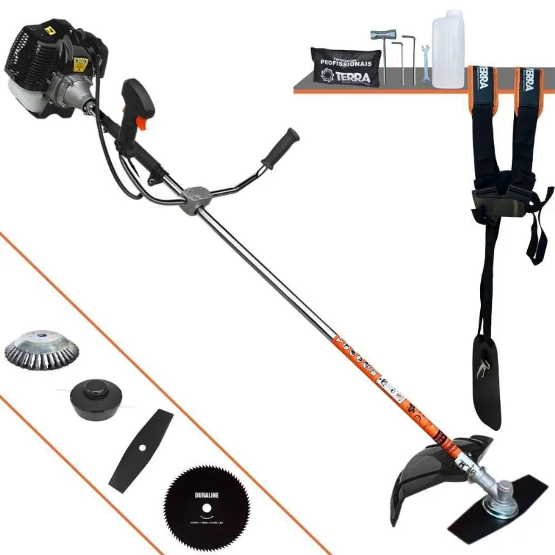 Roçadeira Profissional Lateral Terra Grh520 À Gasolina 52cc 2t 2,5hp + Faca 80 Dentes Duraline 255mm 1,5mm + Escova Rot