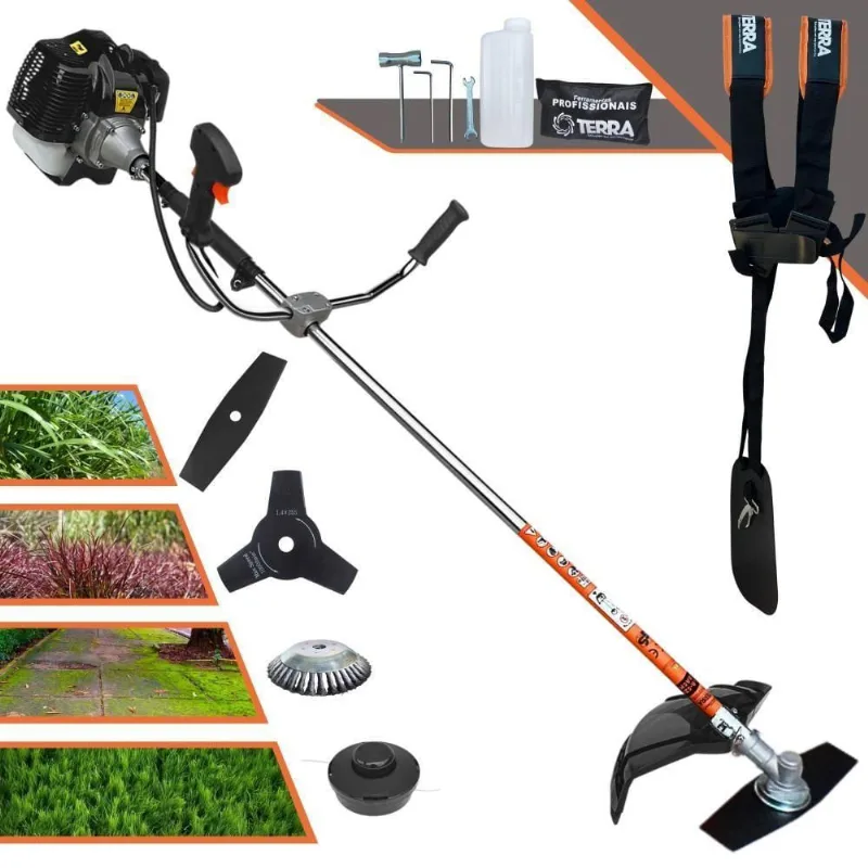 Roçadeira Profissional Lateral Terra Grh520 À Gasolina 52cc 2t 2,5hp + Faca 3 Pontas Duraline 255mm 2,9mm + Escova Rota