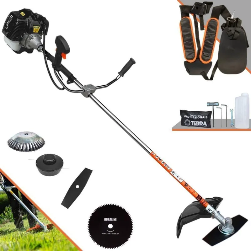 Roçadeira Profissional Lateral Terra Grh520 À Gasolina 52cc 2t 2,5hp + Faca 80 Dentes Duraline 255mm 1,5mm + Escova Rot