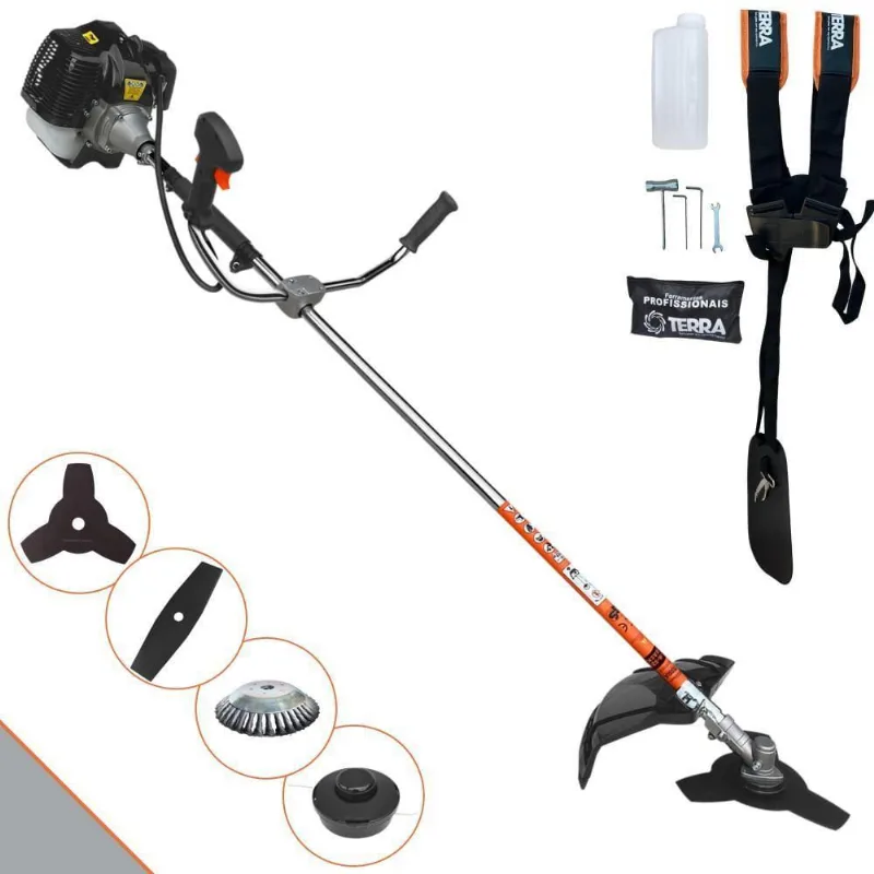 Roçadeira Profissional Lateral Terra Grh430 À Gasolina 43cc 1,7hp + Faca 2 Pontas Duraline 330mm 2,7mm + Escova Rotativ