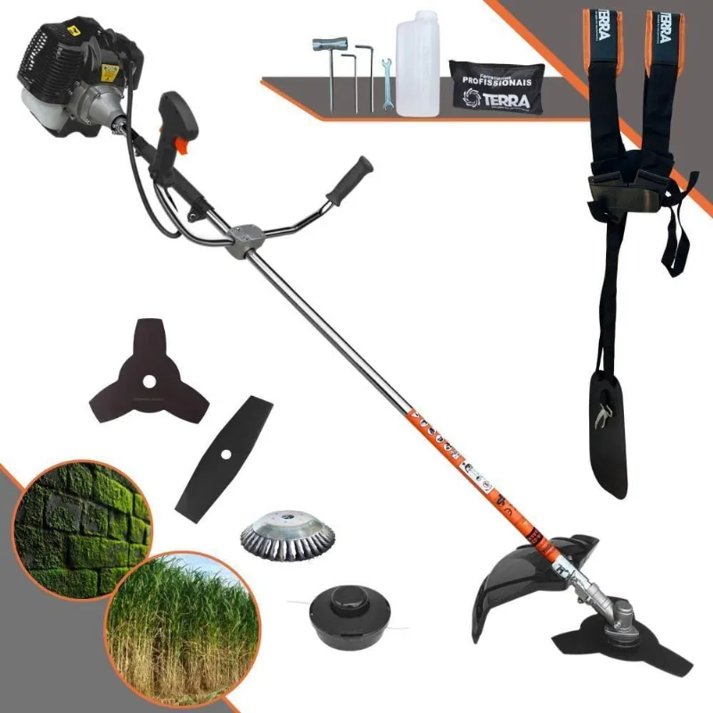Roçadeira Profissional Lateral Terra Grh430 À Gasolina 43cc 1,7hp + Faca 2 Pontas Duraline 330mm 2,7mm + Escova Rotativ