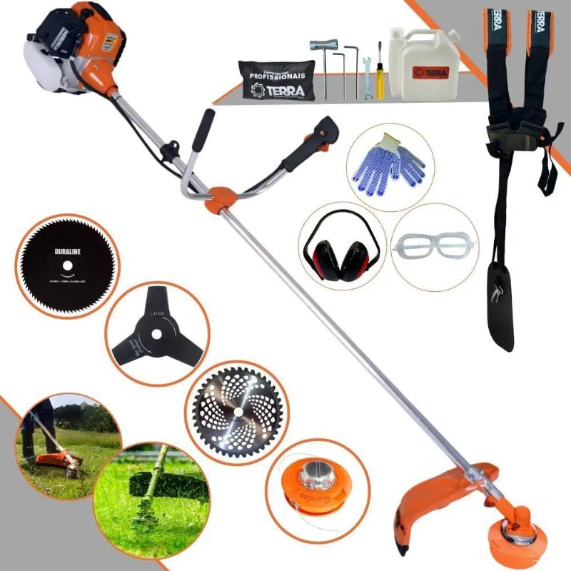 Roçadeira Profissional Lateral Terra Gr520xp À Gasolina 52cc 2t 2,5hp + Faca 3 Pontas Duraline 255mm + Faca 80 Dentes D
