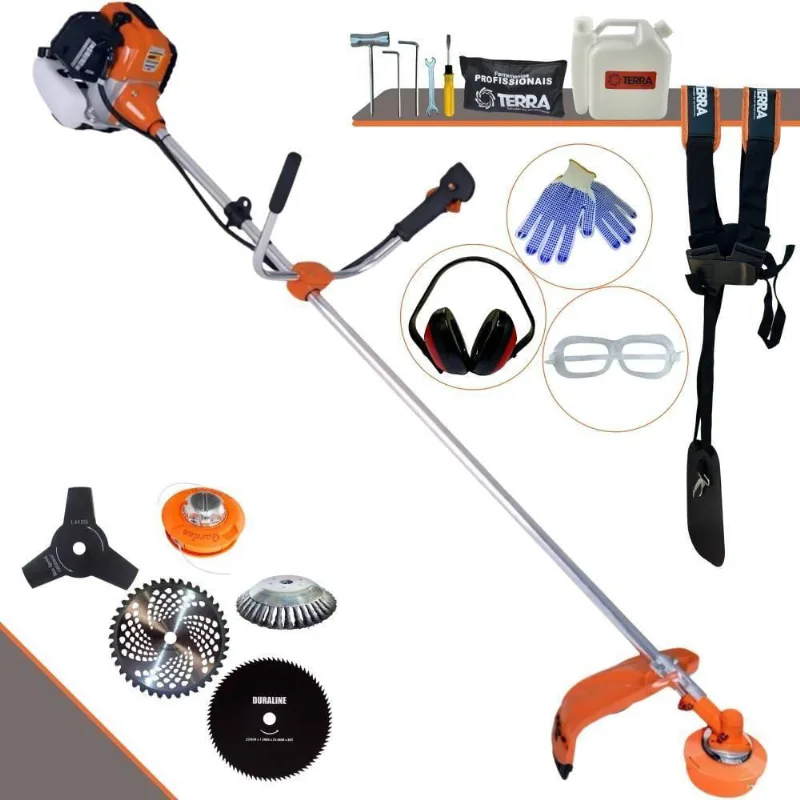 Roçadeira Profissional Lateral Terra Gr520xp À Gasolina 52cc 2t 2,5hp + Faca 3 Pontas 255mm + Faca 80 Dentes 255mm + Es