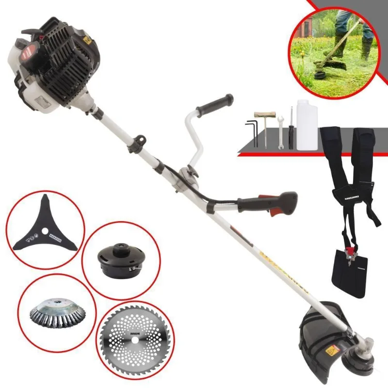 Roçadeira Profissional Lateral Kawashima Kw52le À Gasolina 52c 2,5hp 2t + Faca 40 Dentes Duraline 255mm + Escova Rotati