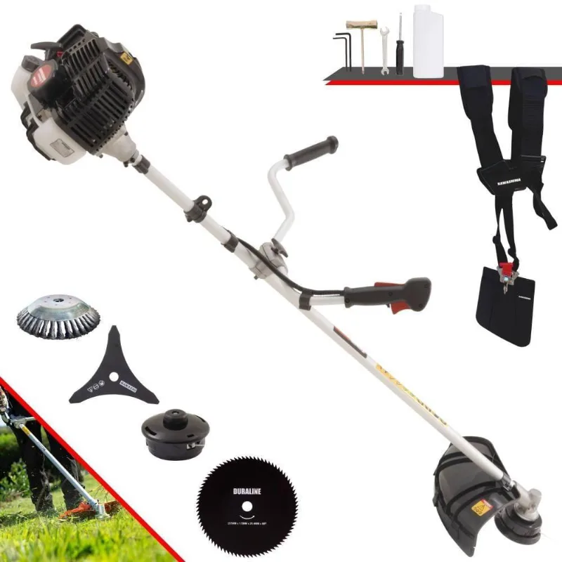 Roçadeira Profissional Lateral Kawashima Kw52le À Gasolina 52c 2,5hp 2t + Faca 80 Dentes Duraline 255mm + Escova Rotati