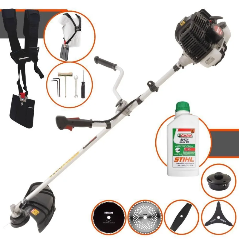 Roçadeira Profissional Lateral Kawashima Kw52le À Gasolina 52c 2,5hp 2t + Faca 2 Pontas + Faca 40 Dentes + Faca 80 Dent