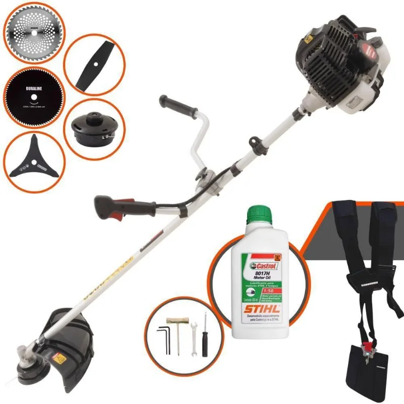 Roçadeira Profissional Lateral Kawashima Kw43le À Gasolina 43cc 1,7hp + Faca 2 Pontas + Faca 40 Dentes + Faca 80 Dentes