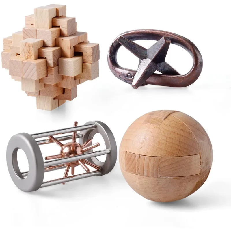 ActPo 4Pcs Quebra-cabeças de madeira e metal Presente para crianças e brinquedos educacionais adultos Brinquedos 3D Desbloquear Intertravamento Cérebro Variado Quebra-cabeças