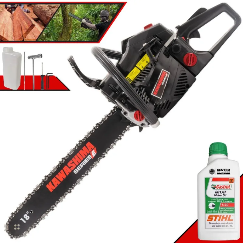 Motosserra Profissional Kawashima Kcs 520e À Gasolina 2t 50,8cc Sabre 18 Polegadas Com Sistema Antivibração E Carcaça De Alumínio + Óleo Stihl 2t