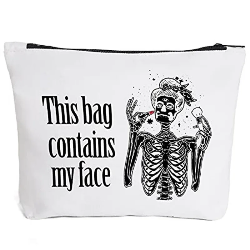 Engraçado esqueleto maquiagem saco presente para as mulheres melhores amigas irmã Este saco contém o meu rosto maquiagem zíper bolsa bolsa cosméticos acessórios de viagem saco presentes de halloween p