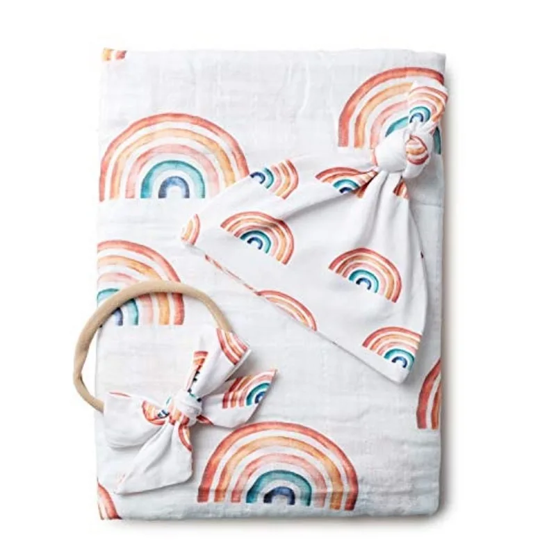 Cobertor orgânico de muslin baby swaddle e chapéu definir recém-nascido unisex menina neutra boho rainbow Cartão de anúncio de nascimento de adereços fotográficos