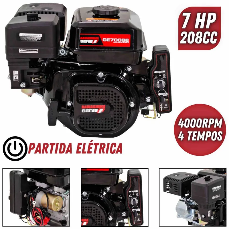 Motor Estacionário Kawashima GE700BE à Gasolina 7HP 208cc 4 Tempos Potente Com Partida Elétrica