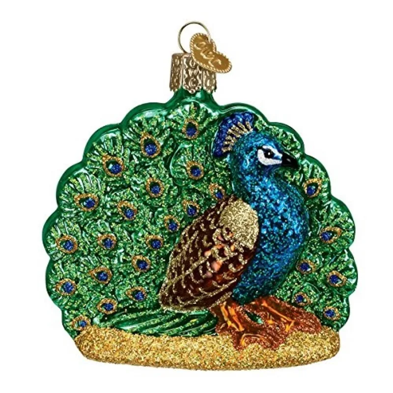 Zoológico de Natal do Velho Mundo e animais selvagens enfeites de vidro soprados para a árvore de Natal orgulhoso pavão