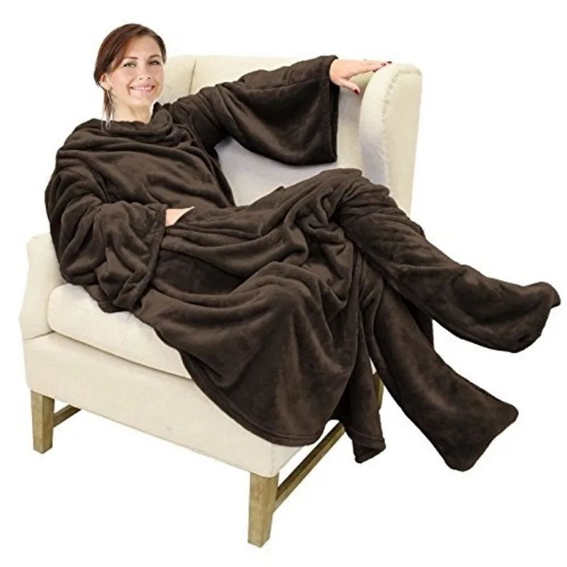 Catalunha Wearable Velo cobertor com mangas e bolsos de pé para mulheres adultas homens, Micro Plush Comfy Wrap Manga Manga Jogar Cobertor Grande, Brown