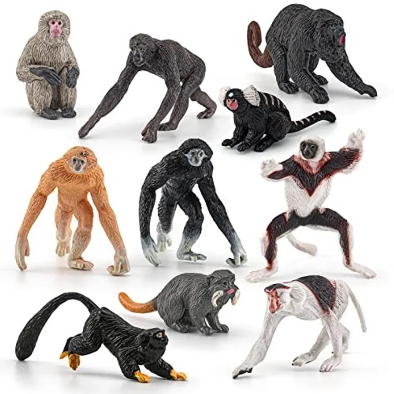 Vida Selvagem Selva Animal Modelo Playsets 10 pcs Mini Macaco Estatuetas Probóscide Macacos Macacos Japoneses Saguis Gibões Lêmures Ação Figura Brinquedo para Crianças Decoração Presente