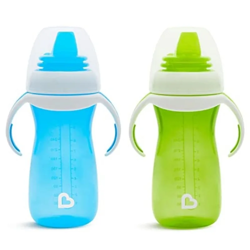 Copo com canudinho de transição suave com alças de treinamento, 10 oz, azul/verde, pacote com 2