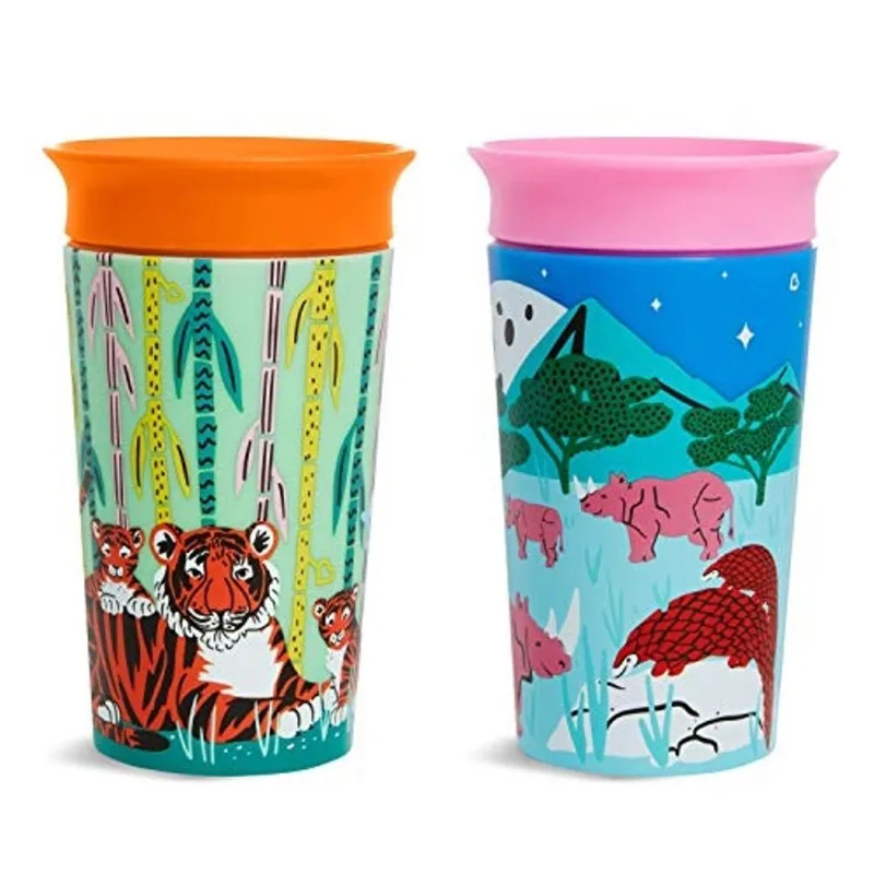 Copo Munchkin Miracle 360 Wildlove com canudinho, 9 onças, pacote com 2, tigre/rinoceronte