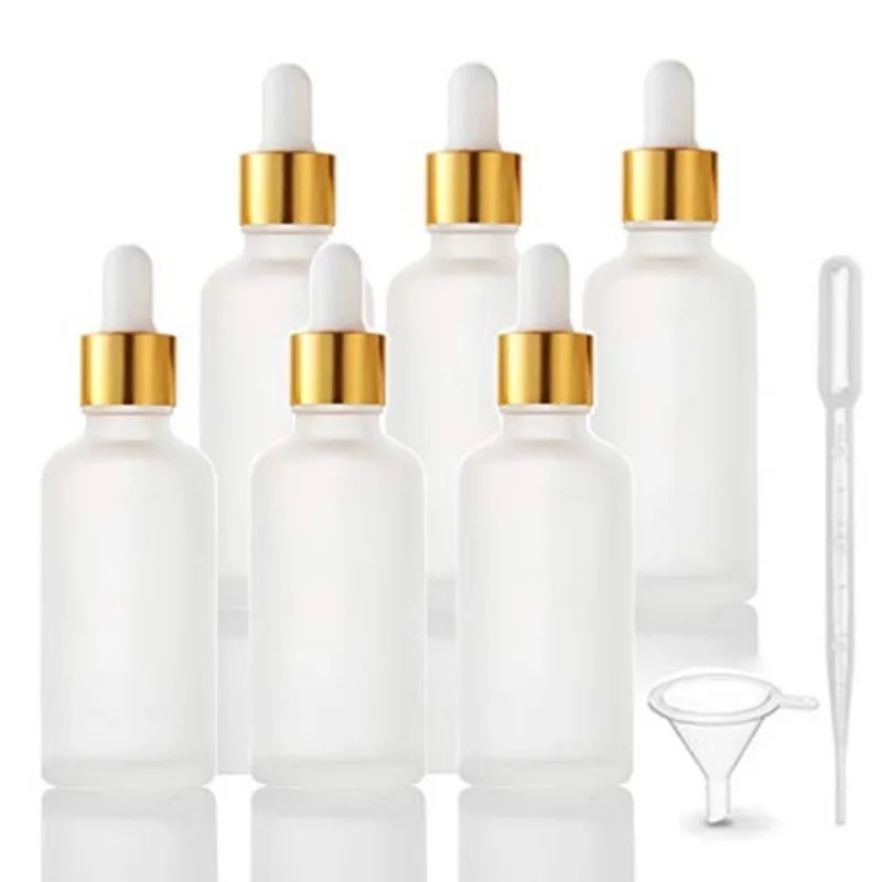 6 Pack, frasco conta-gotas de vidro fosco para óleos essenciais, suporte líquido de vidro vazio com conta-gotas de vidro, tampas douradas Travel Perfume recipiente cosmético - pipeta e funil incluído