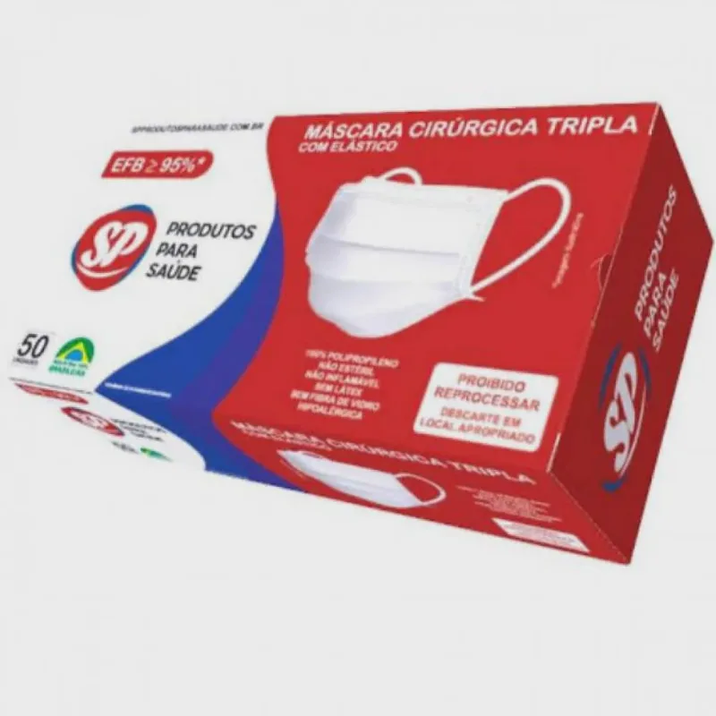 Máscara descartável tripla camada Branca sp Protection 50 Unidades